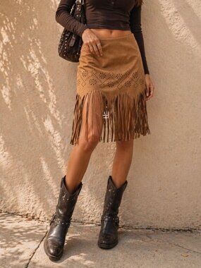 Brown Suede Fringe Skirt Boho Western Festival Free People Style M